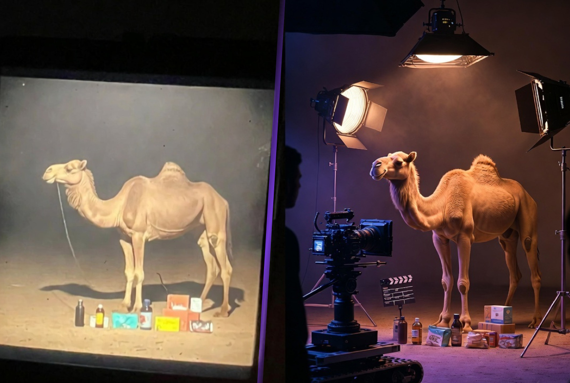 Split-image comparison showing an old-style vintage illustration of a camel on the left (sepia-toned, with small product bottles and boxes placed at its feet) and a modern behind-the-scenes film set recreation on the right, showing a realistic 3D-rendered camel under studio lighting rigs with a film camera, clapperboard, and matching product bottles and boxes arranged at its feet.